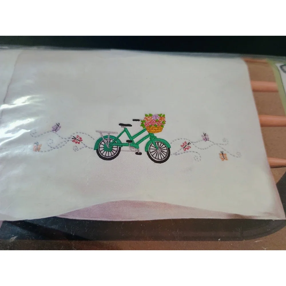 Pair of Tobin Home‎ Crafts Bicycle Pillowcases Embroidery Stamped Standard Size